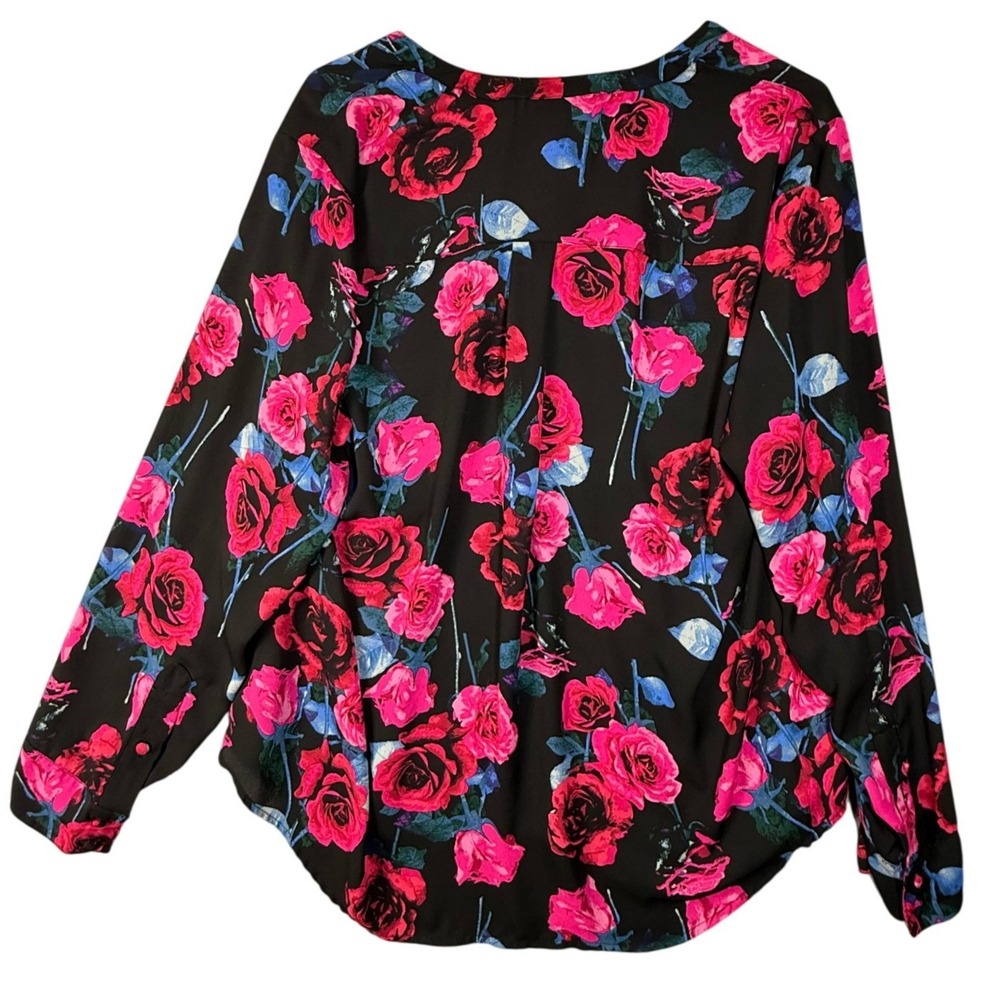 Torrid Harper Blouse 1 Plus Black Pink Rose Moody Floral Top Long Slv Career - Picture 2 of 3